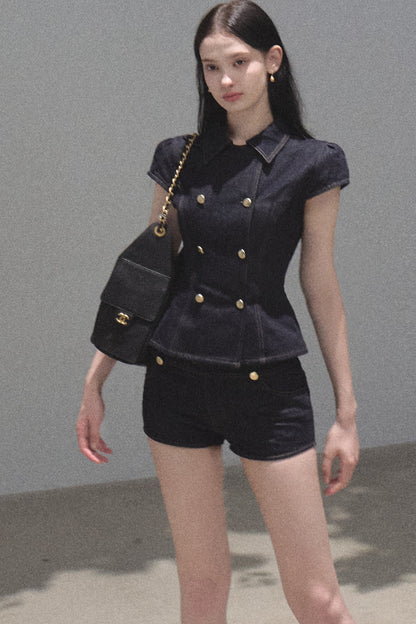 Retro Denim Waist-Cinching Dress Set-Up