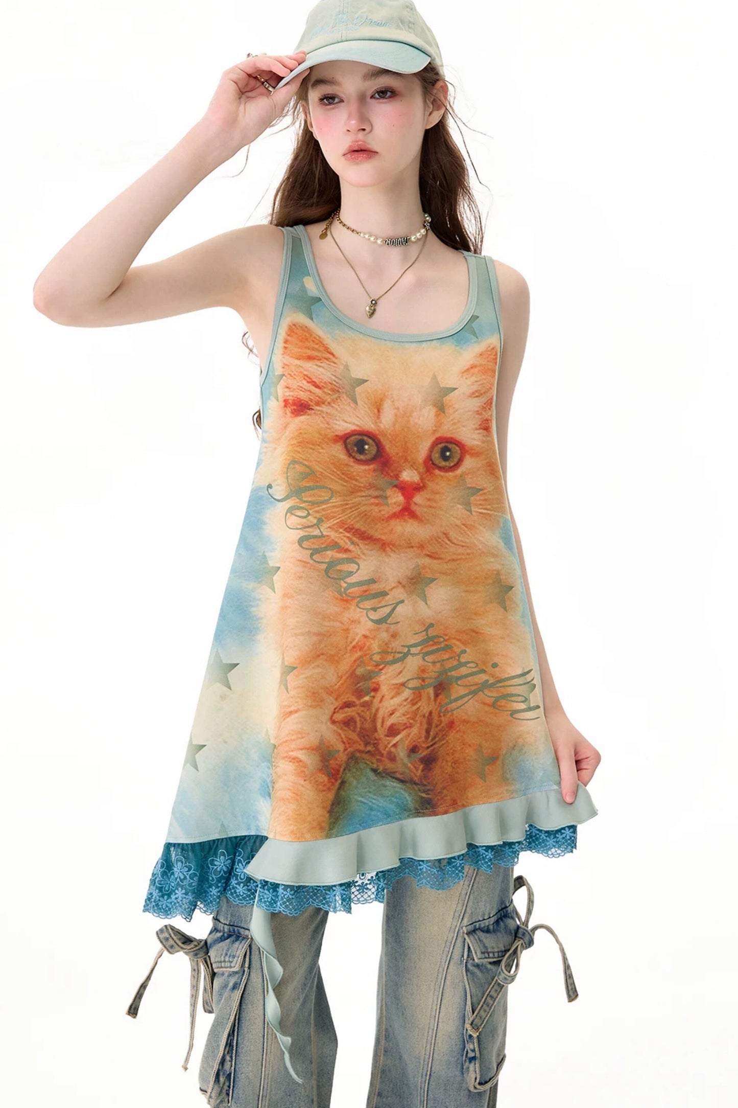 Robe chasuble à imprimé chat et bordure en dentelle