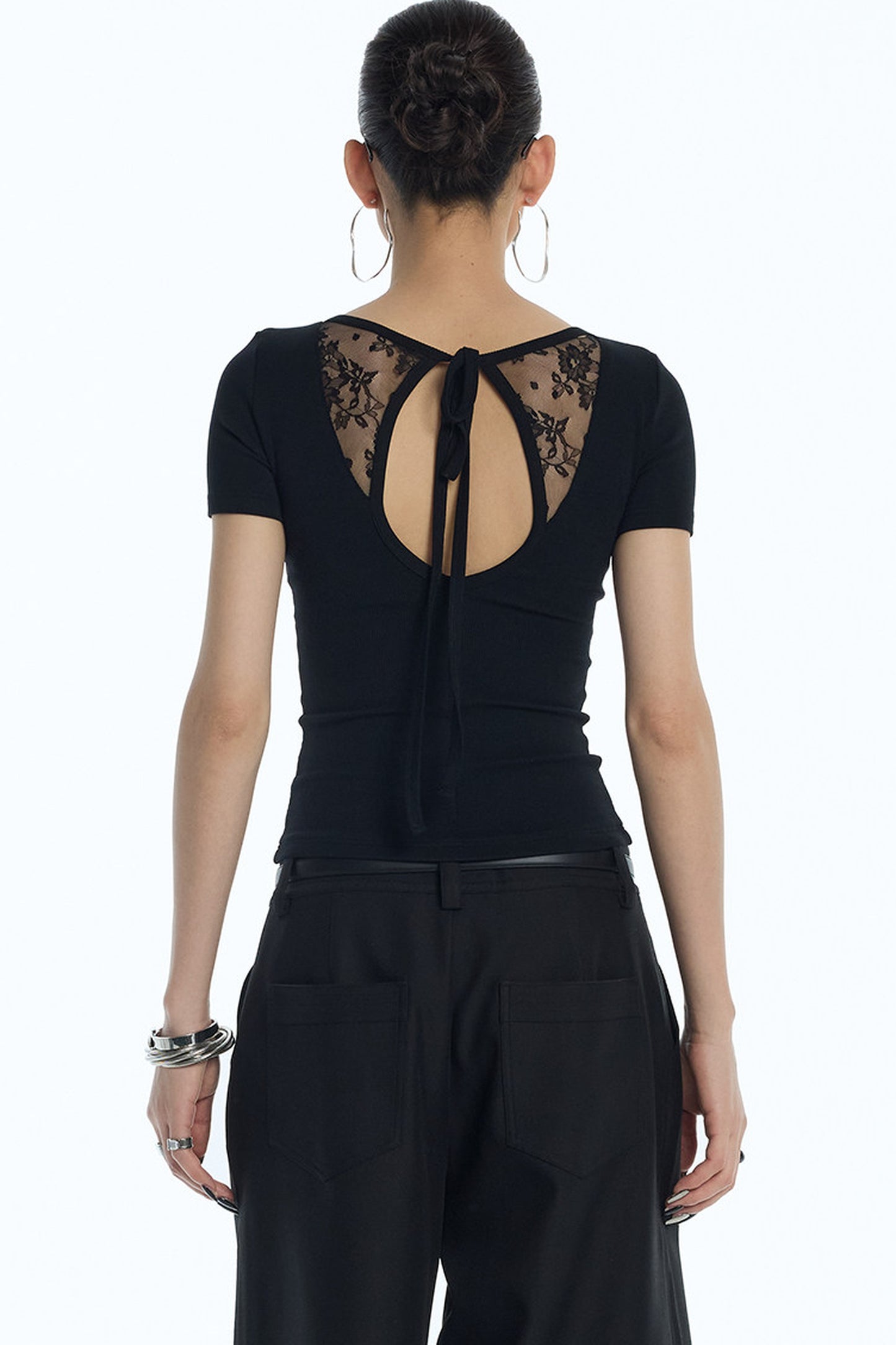 Lace Back Tie Short Sleeve Top