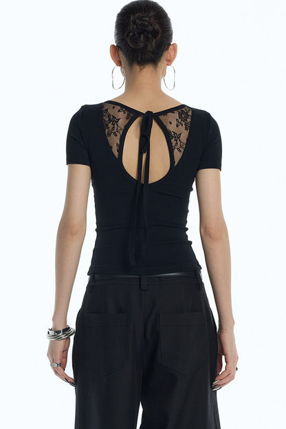 Lace Back Tie Short Sleeve Top