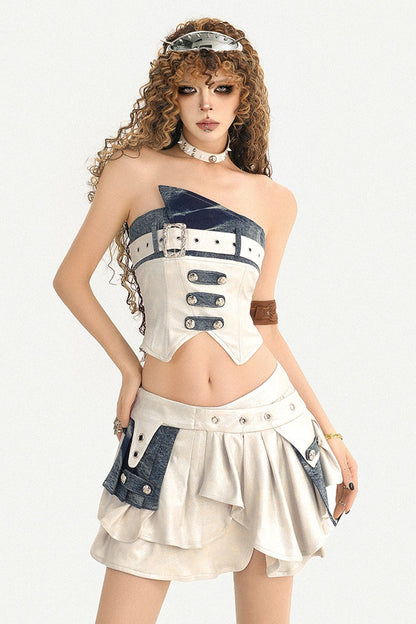 Silver Denim Patchwork Tube Top and Skirt Set-Up