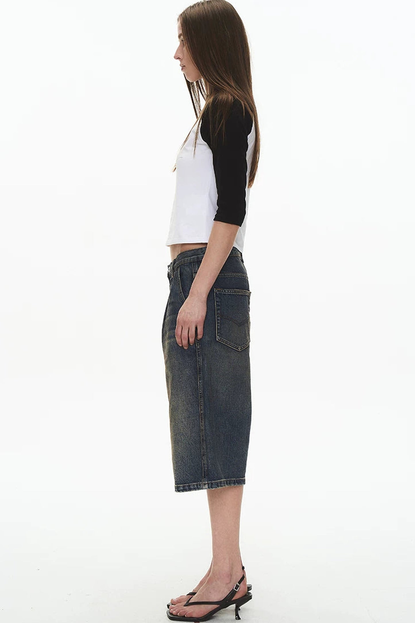 Pleated Distressed Denim Shorts
