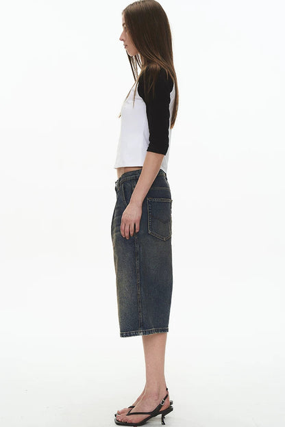 Pleated Distressed Denim Shorts