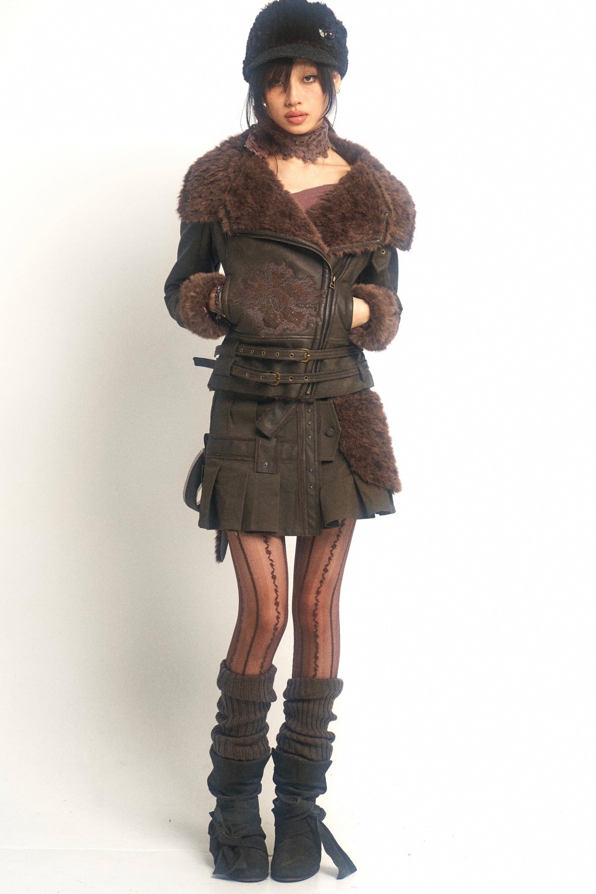 One-Piece Patchwork Detachable Faux Fur Pleated Skirt