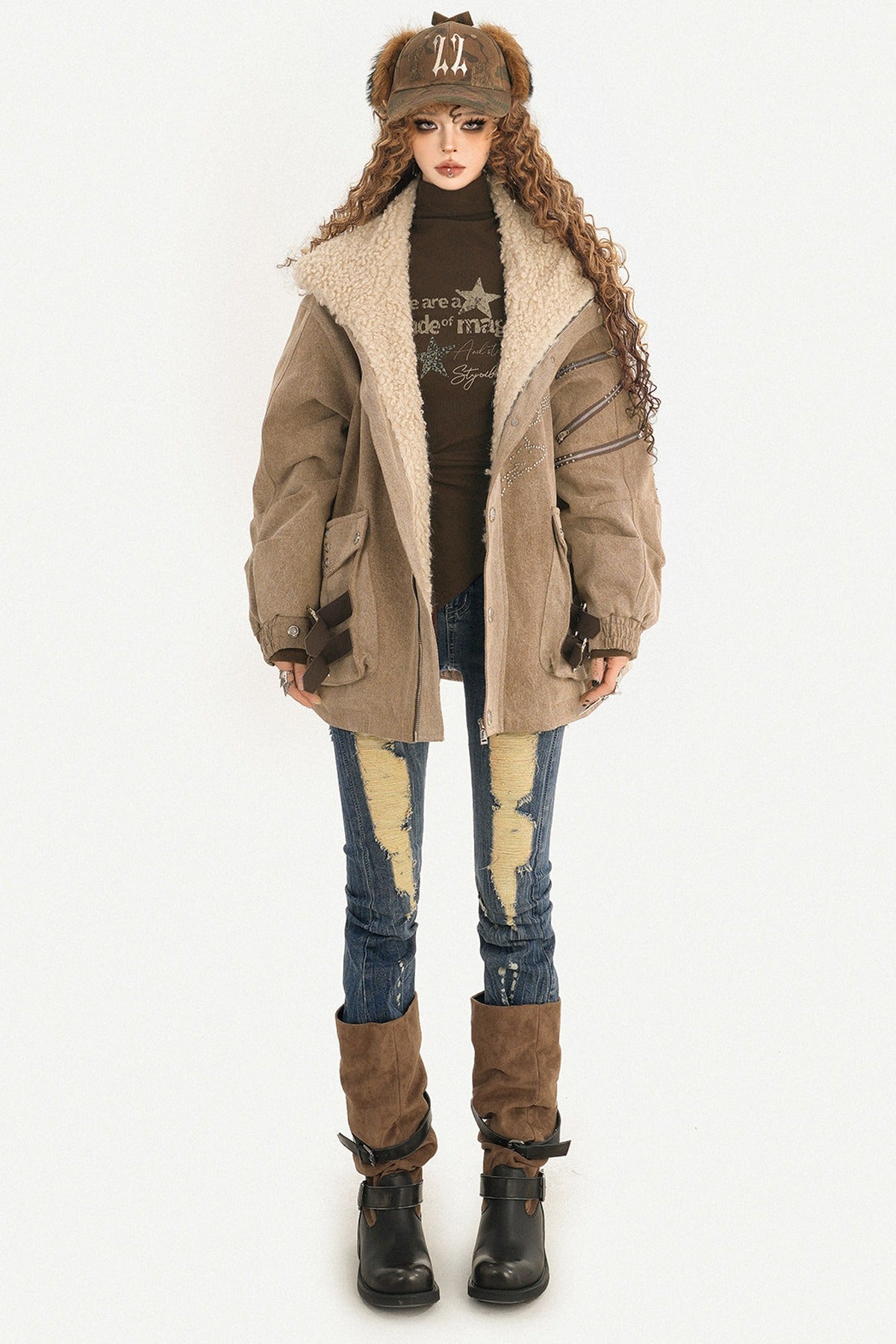 Maillard Fleece-Lined Hooded Fur Collar Jacket