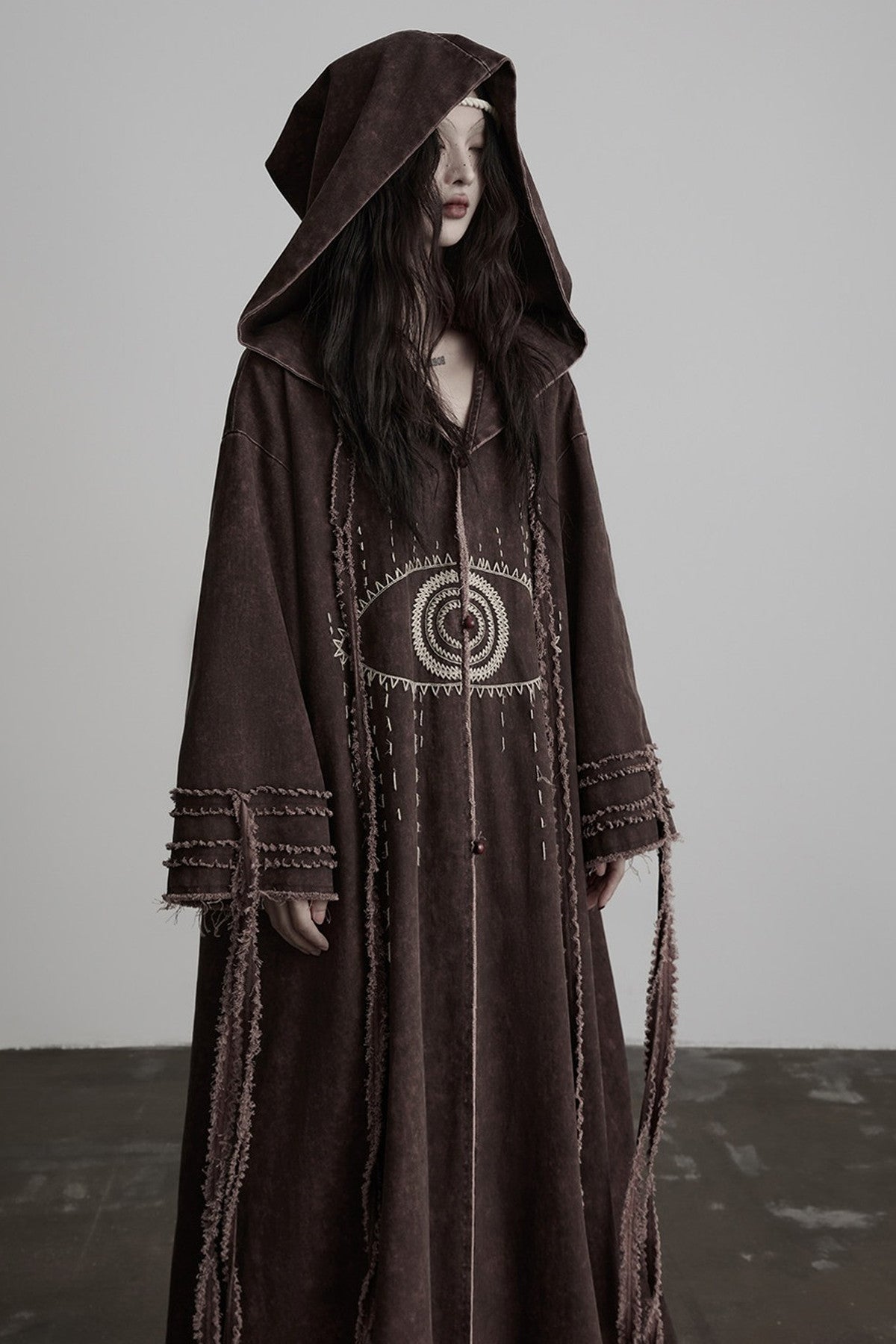 Red-Brown Quilted Embroidered Long Hooded Trench Coat