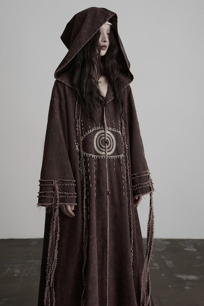 Red-Brown Quilted Embroidered Long Hooded Trench Coat