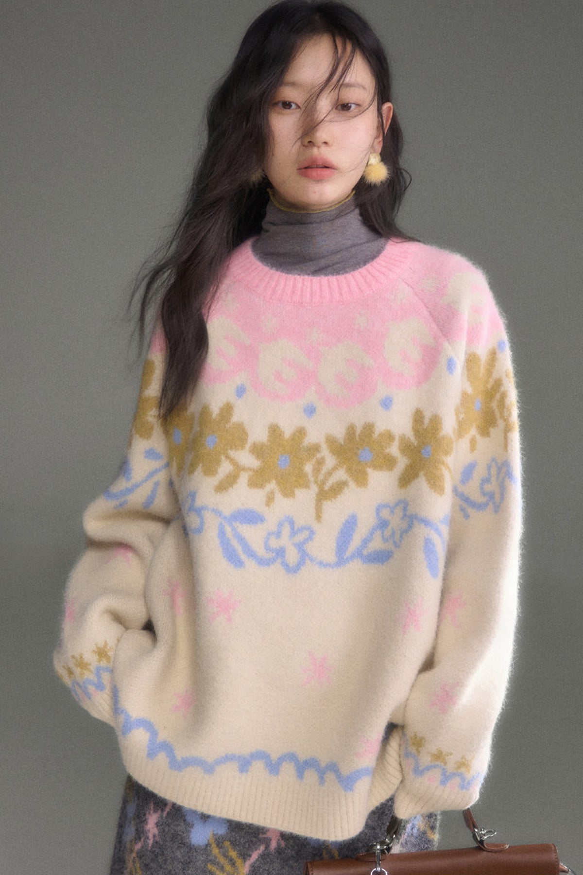 Retro Fair Isle Floral Jacquard Wool Sweater