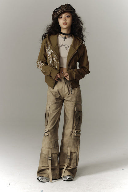 Detachable Washed Workwear Wide-Leg Pants