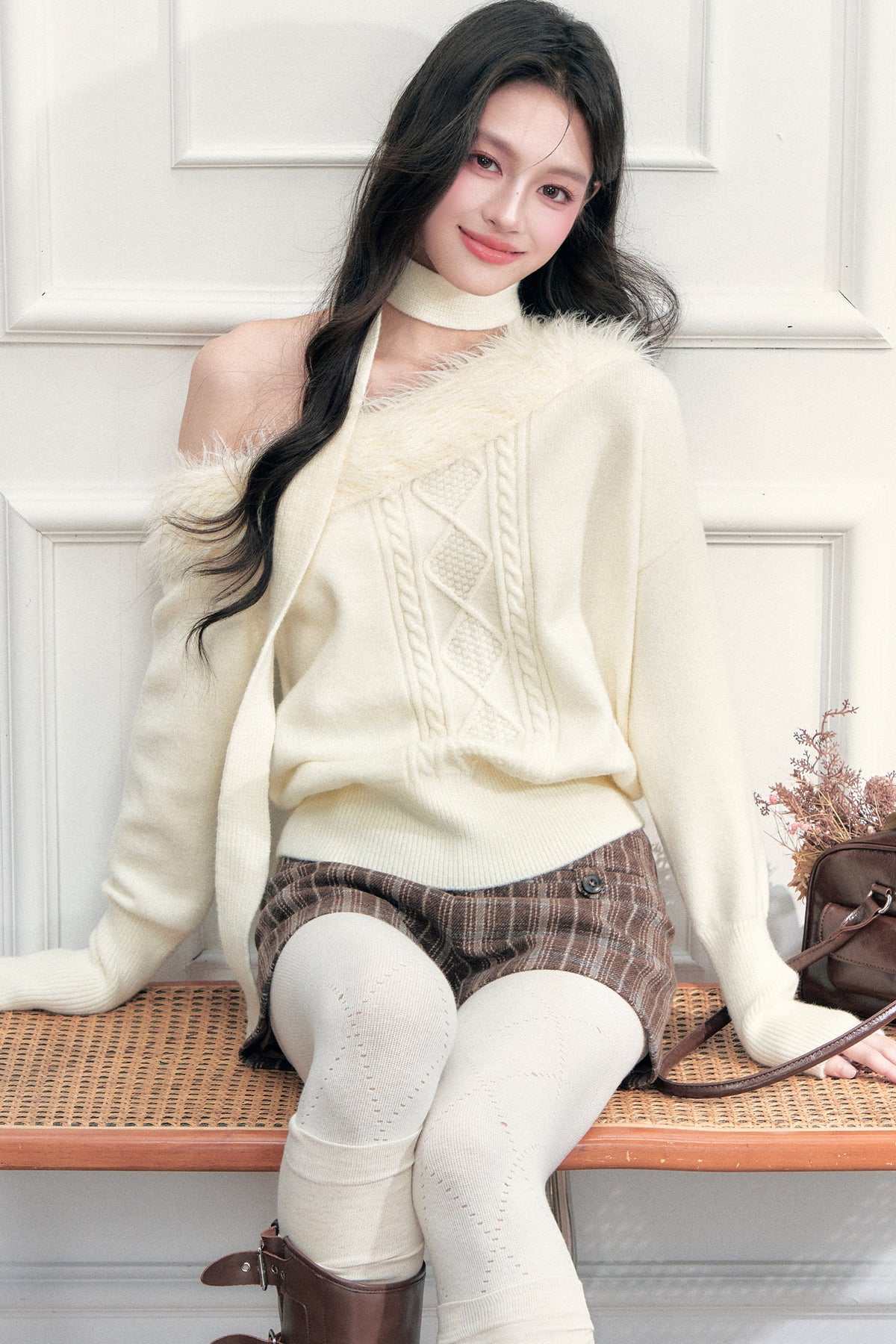 Ribbon Tie Off-Shoulder Cable Knit Sweater