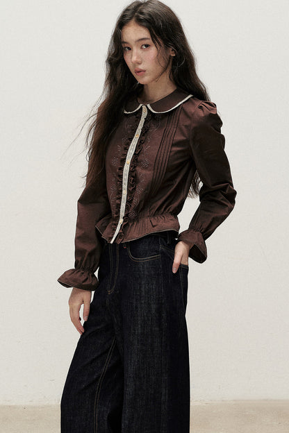 Brown Cotton Linen Lace Trim Shirt