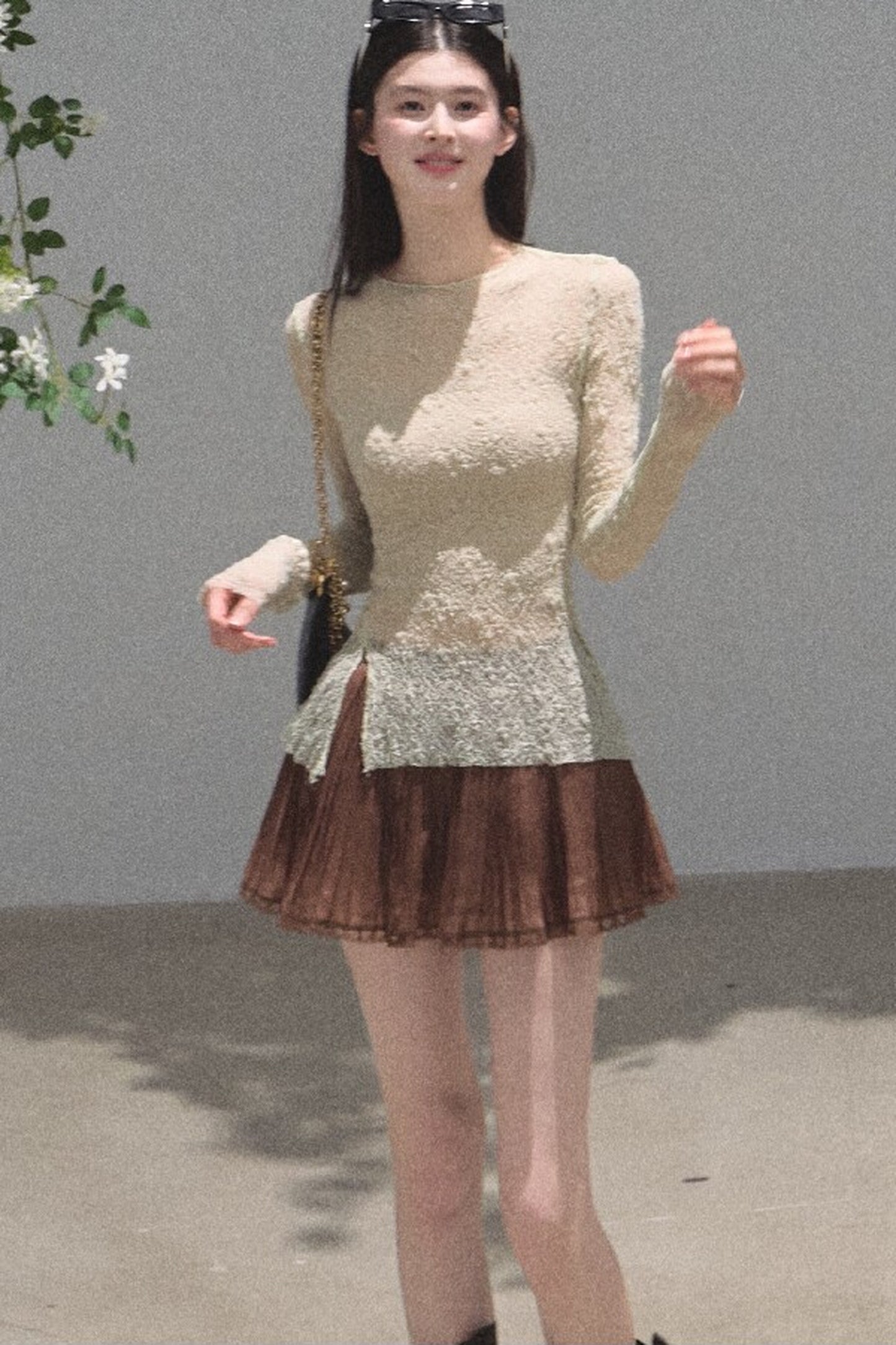 Silver Textured Knit Lace Top