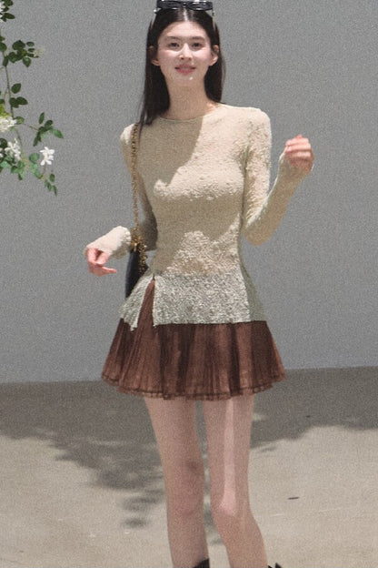 Silver Textured Knit Lace Top