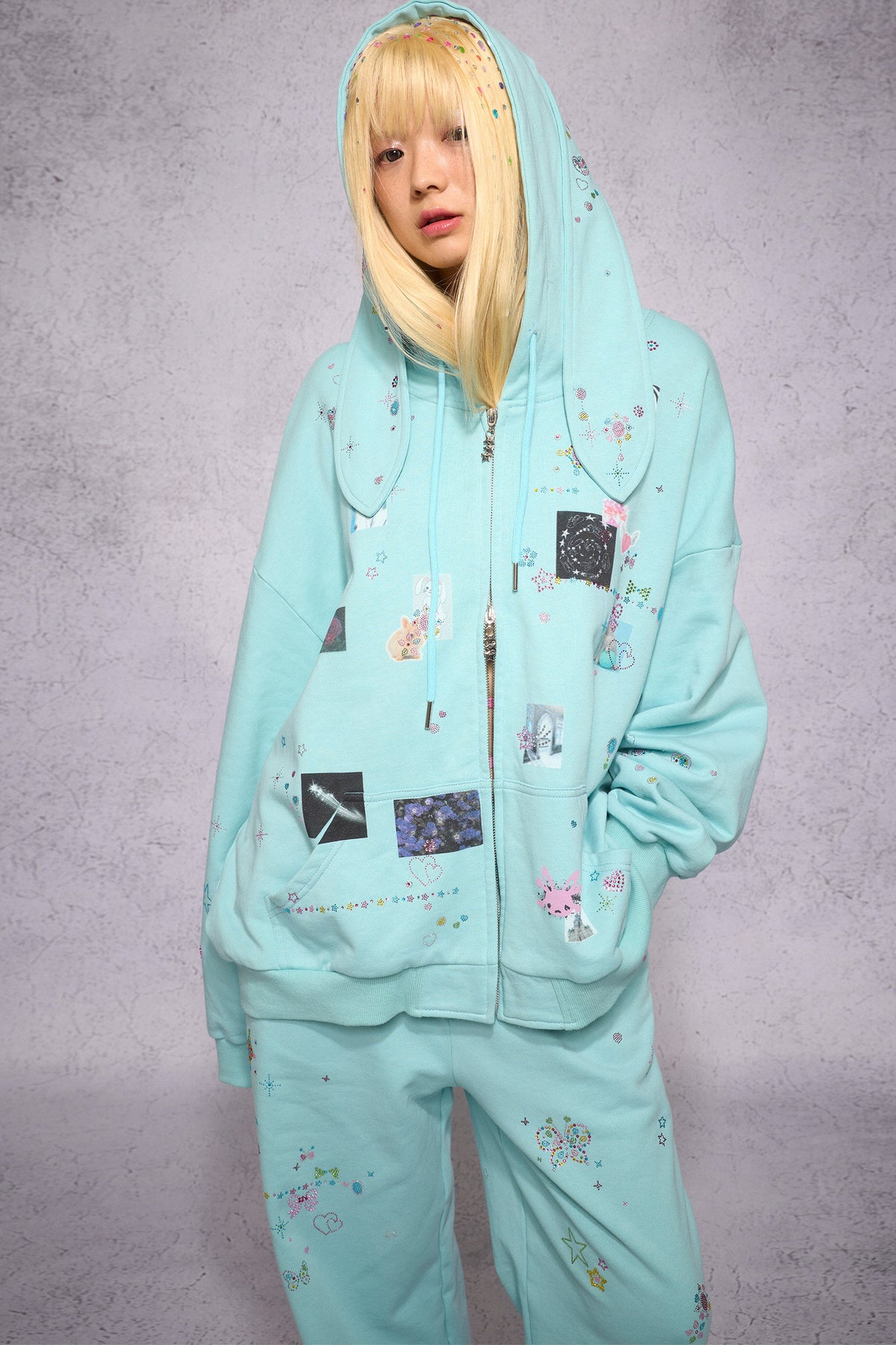 Bunny Ear Rhinestone Sticker Sweat Jacket