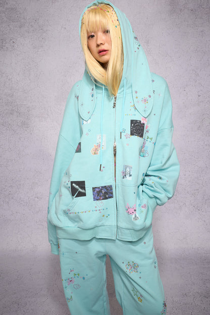 Bunny Ear Rhinestone Sticker Sweat Jacket