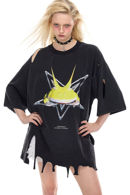 Rock Frog Distressed Irregular Hem T-Shirt