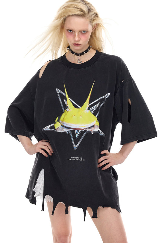 Rock Frog Distressed Irregular Hem T-Shirt