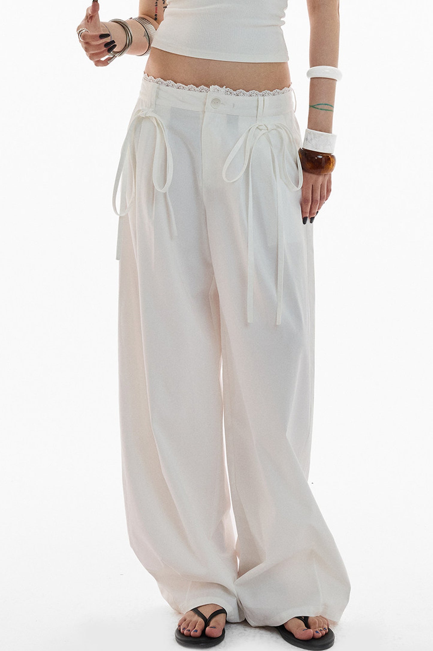 Lace Trim Pima Cotton Wide Leg Pants