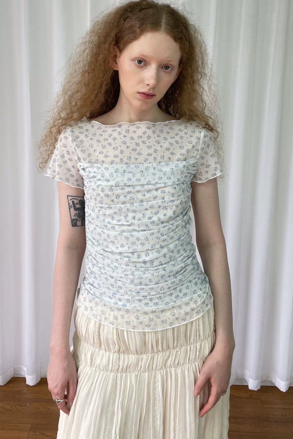 Light Blue Floral Mesh Top