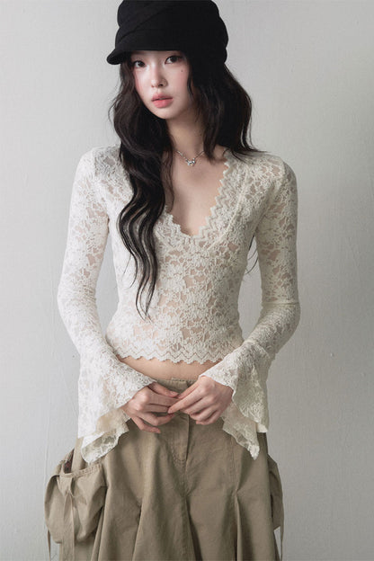 Lace V Neck Flared Sleeve Top