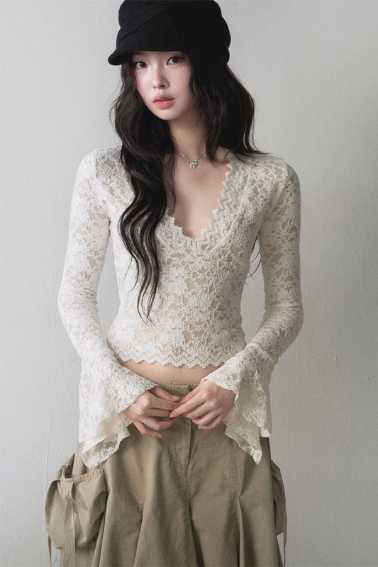 Lace V Neck Flared Sleeve Top