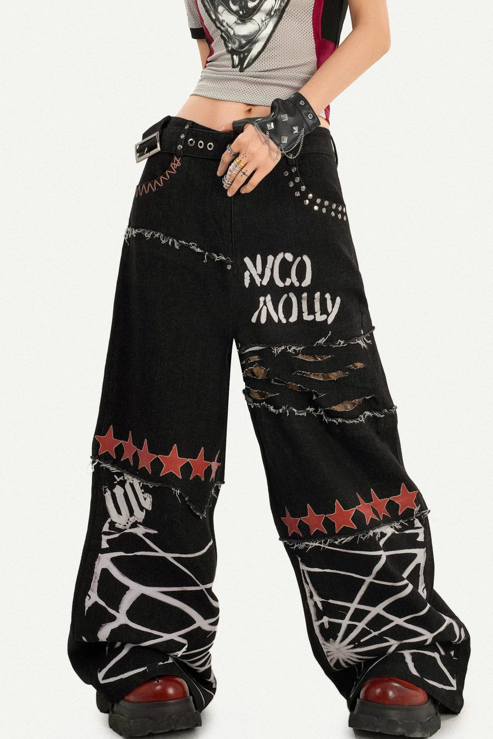 Ripped Graffiti Wide-Leg Jeans