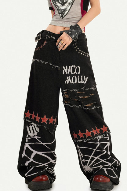 Ripped Graffiti Wide-Leg Jeans