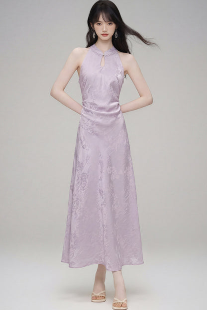Halter-Neck Jacquard Cheongsam Dress