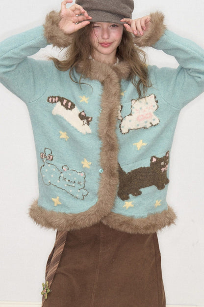 Cardigan à col en fausse fourrure avec motif de chat amusant