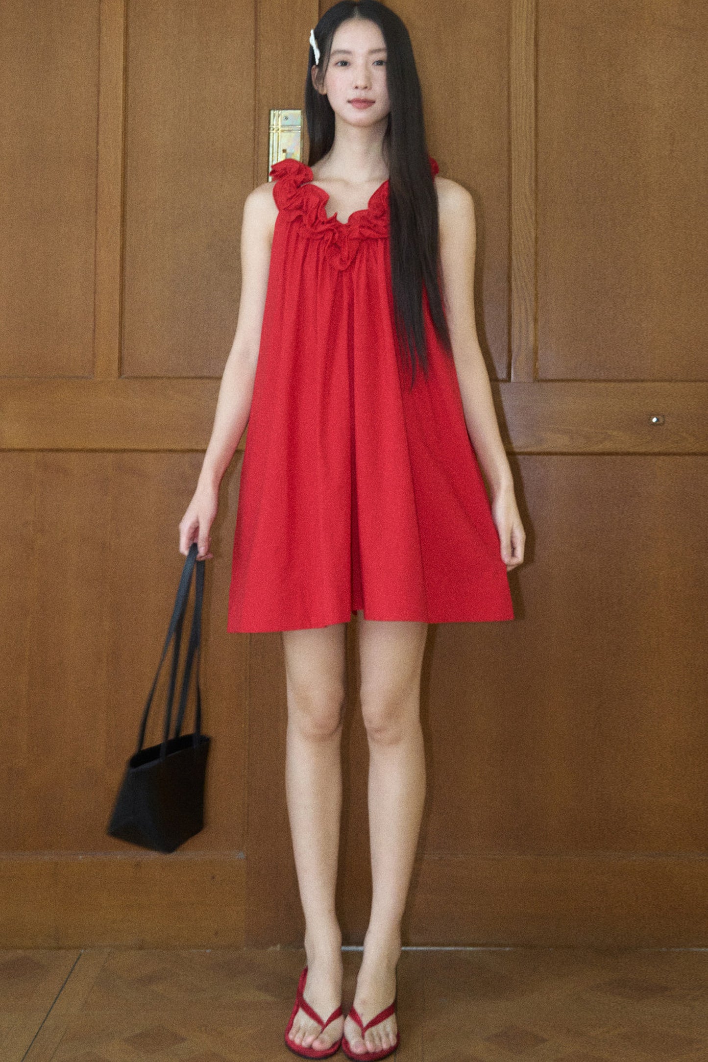 Red 3D Floral Ruffle V-Neck Tank Dress