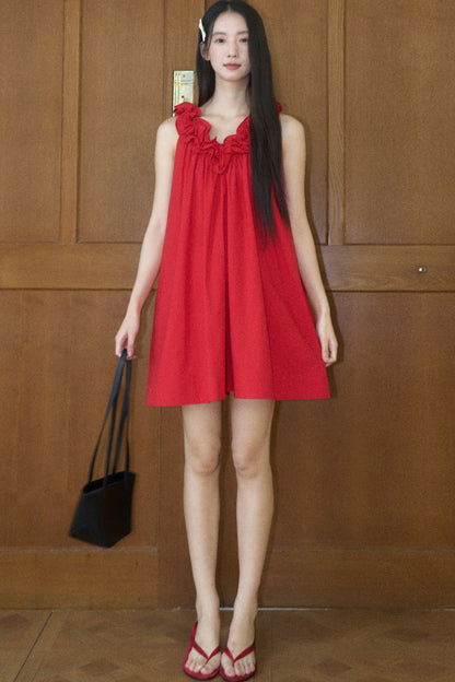 Red 3D Floral Ruffle V-Neck Tank Dress