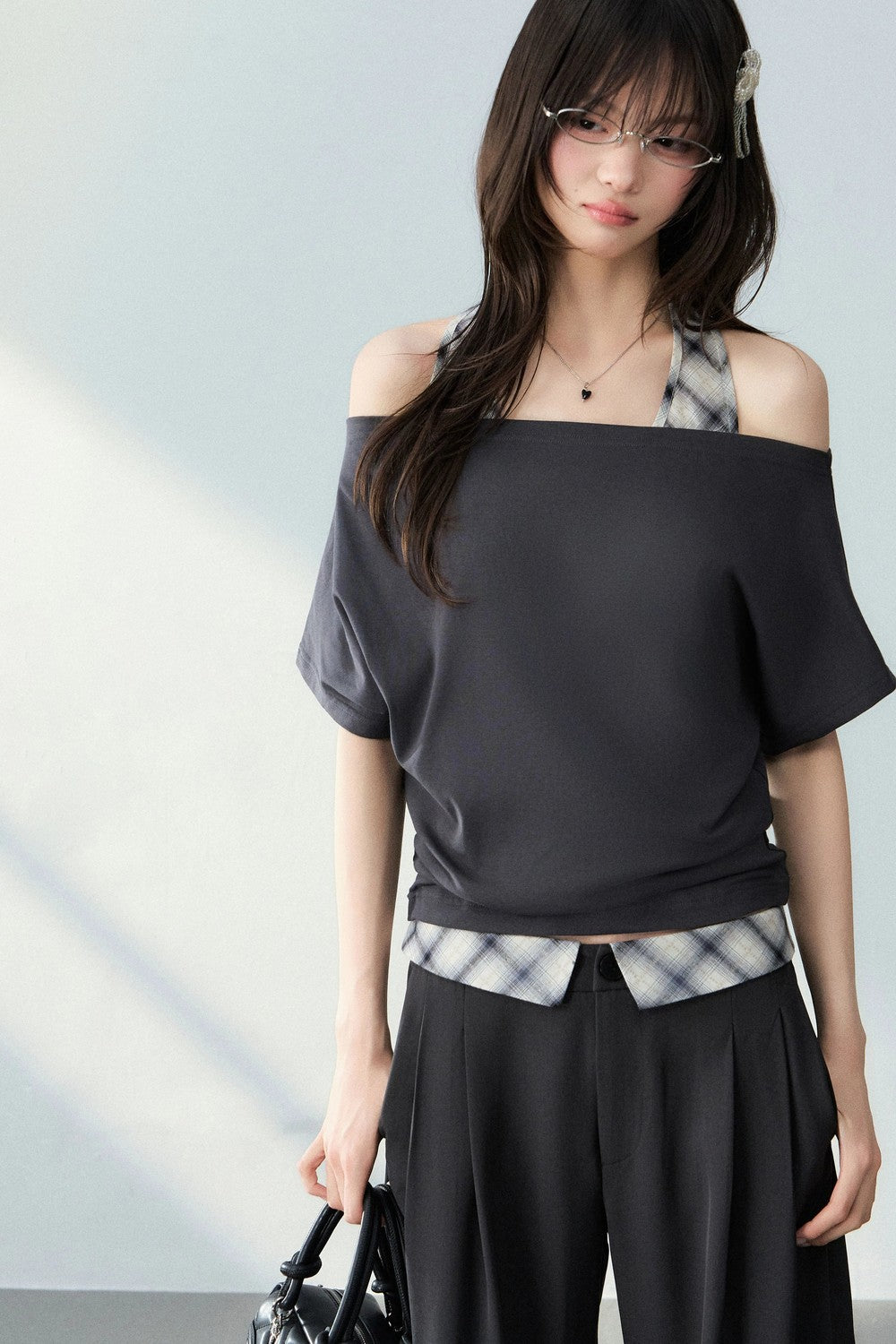 Plaid Off-Shoulder Top Set-Up