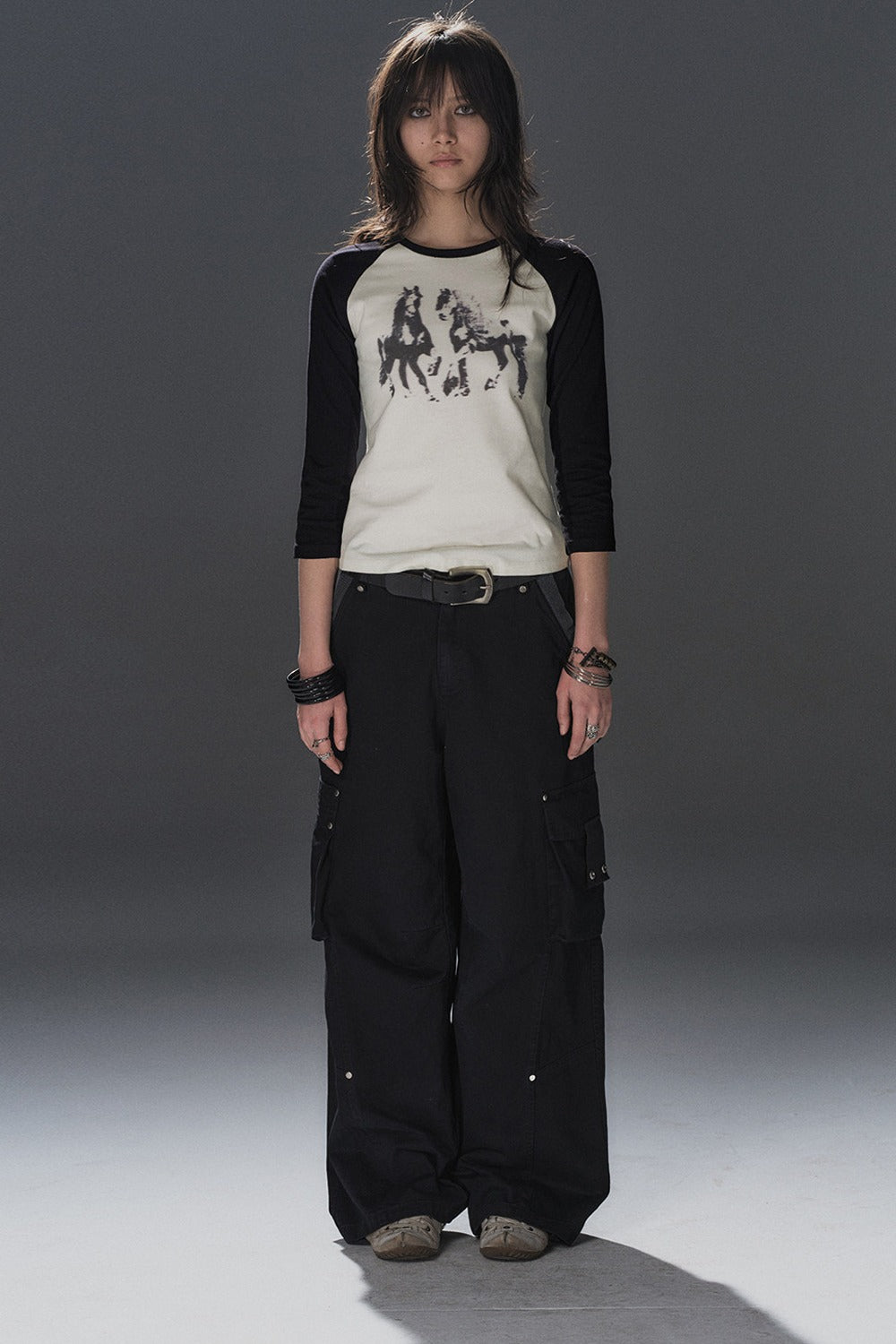 Pony Print Black White Splicing Raglan T-shirt