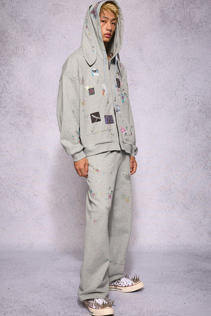 Bunny Ear Rhinestone Sticker Sweat Jacket