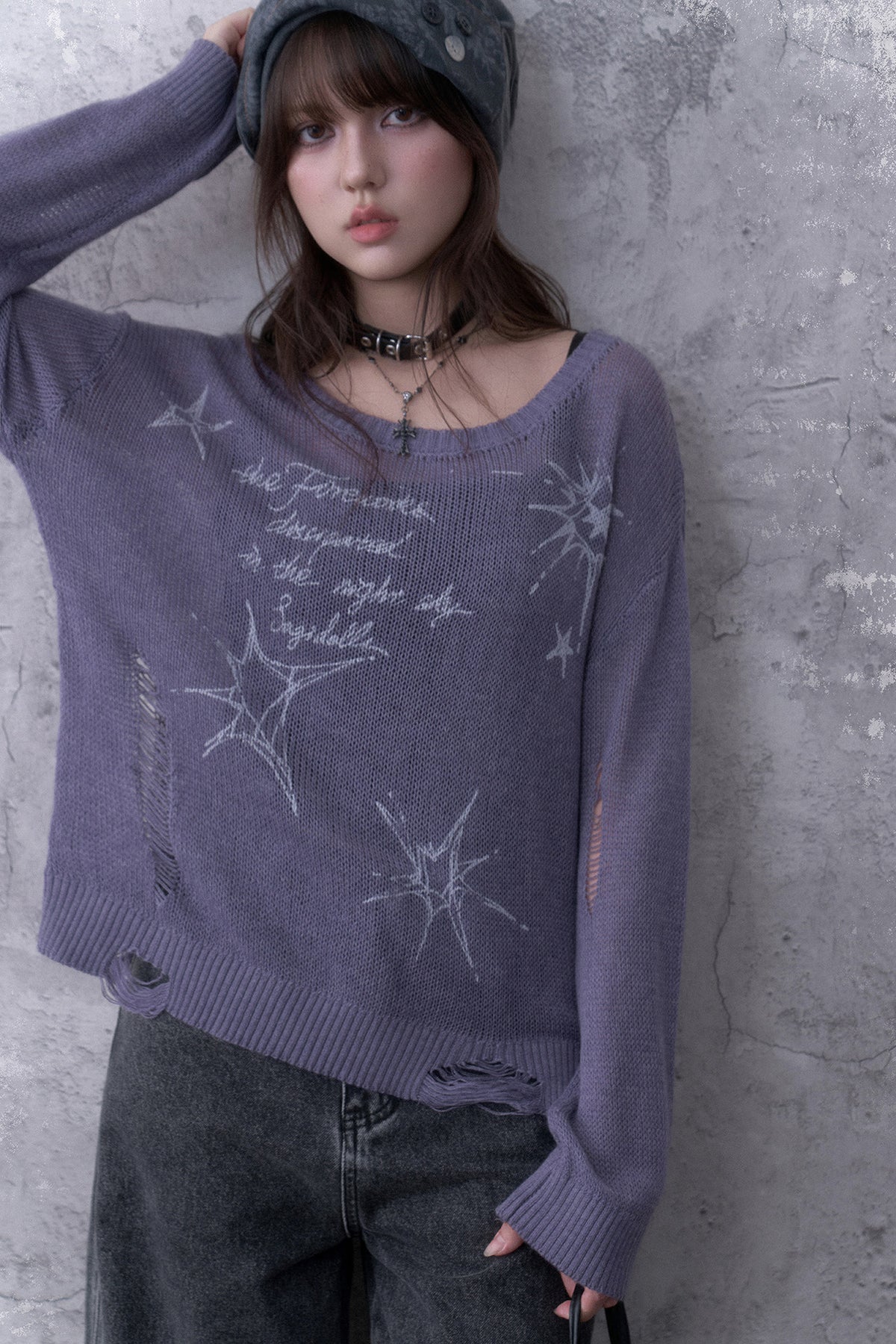 Purple Ripped Knit Mesh Print Sweater