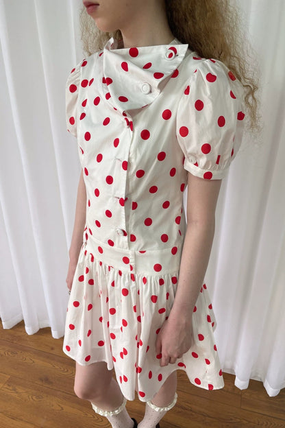 Red Retro Polka Dot Bubble Sleeve Dress