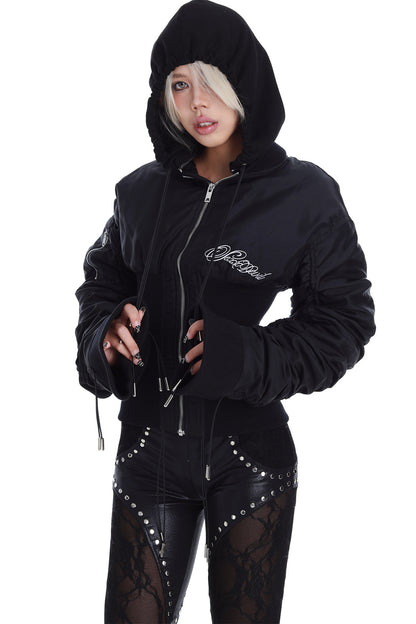 Ribbed Detachable Hood Tassel Jacket