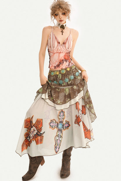 Bohemian Oil Painting Print A-Line Long Skirt