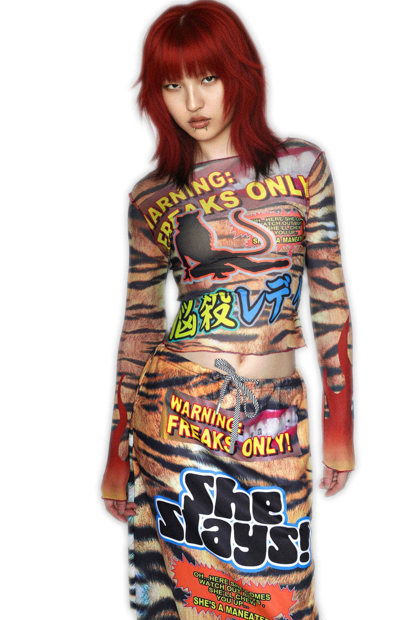 Y2K Graphic Long Sleeve Mesh Top