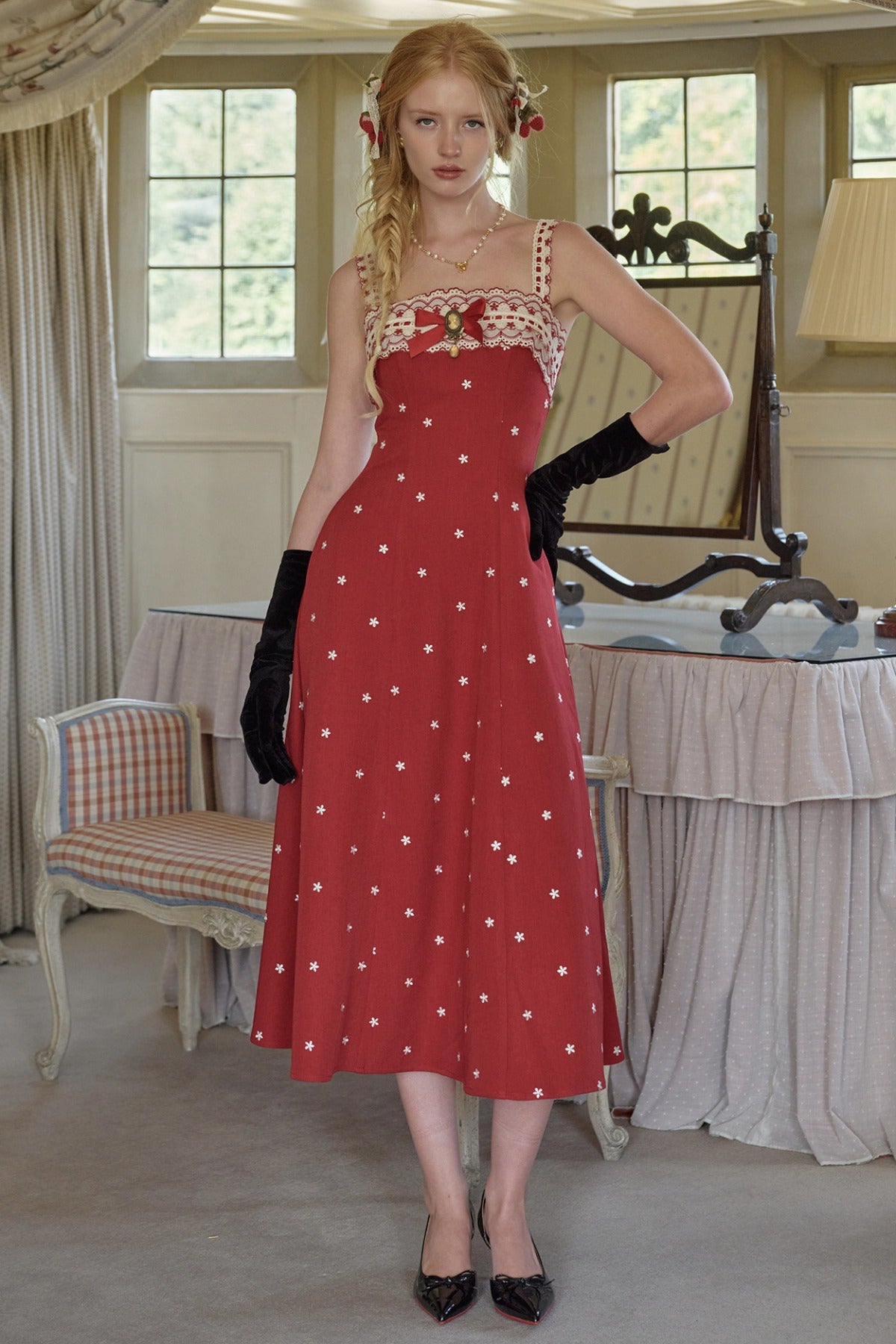 Berry Embroidered Strap Dress and Cardigan Set-Up
