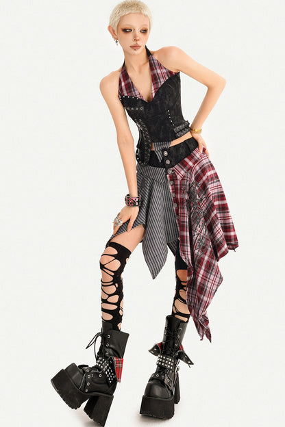 Irregular Plaid Patchwork Skirt