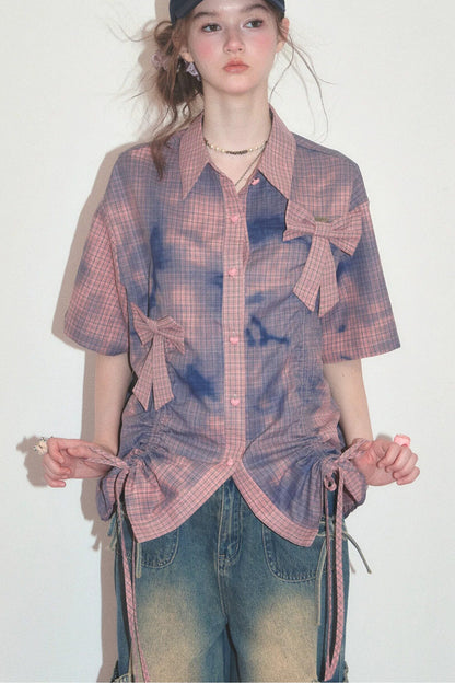 Chemise à manches courtes à carreaux roses avec nœud et cordon de serrage