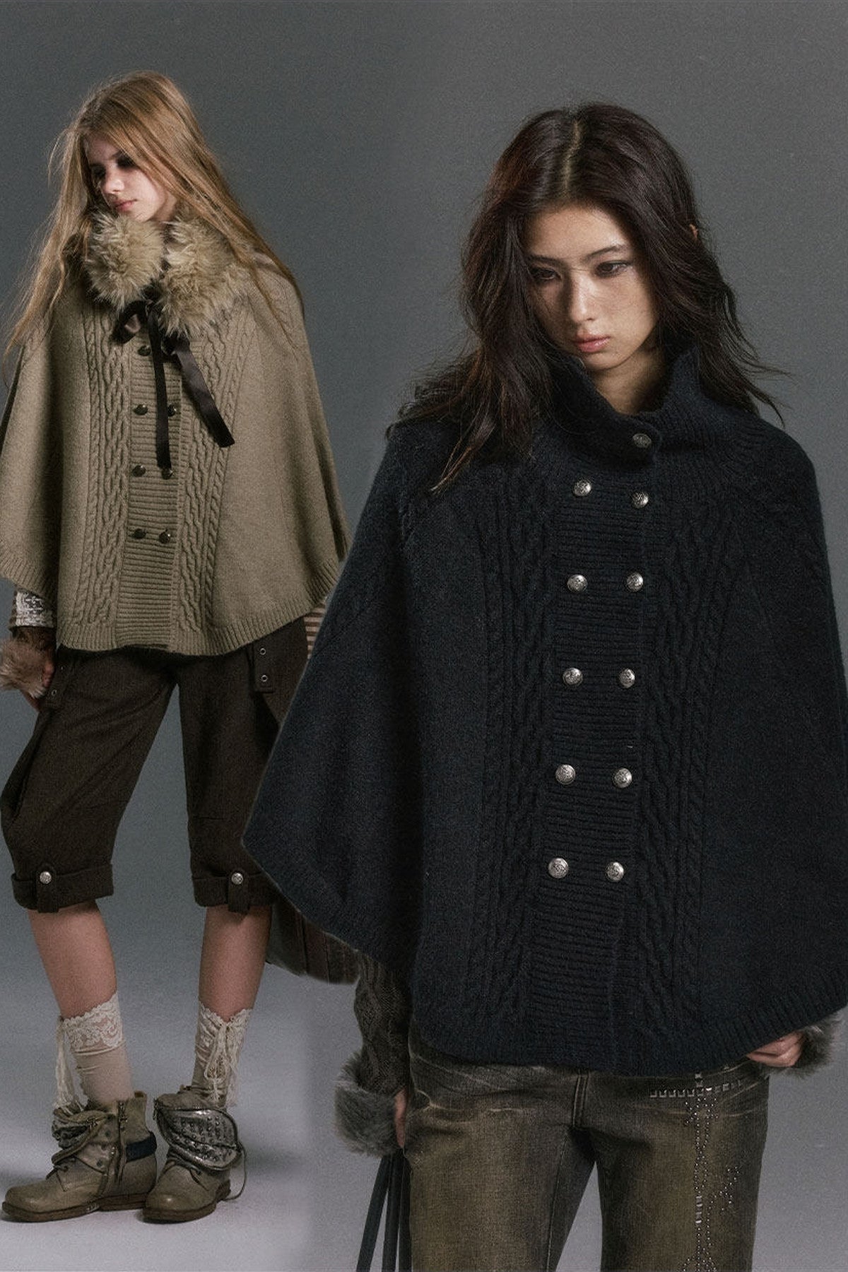 Detachable Fur Collar Cable Knit Cape