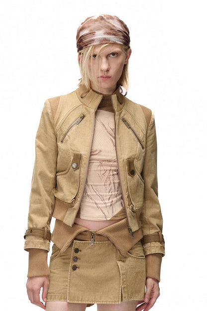 Washed Distressed Patchwork Short Jacket