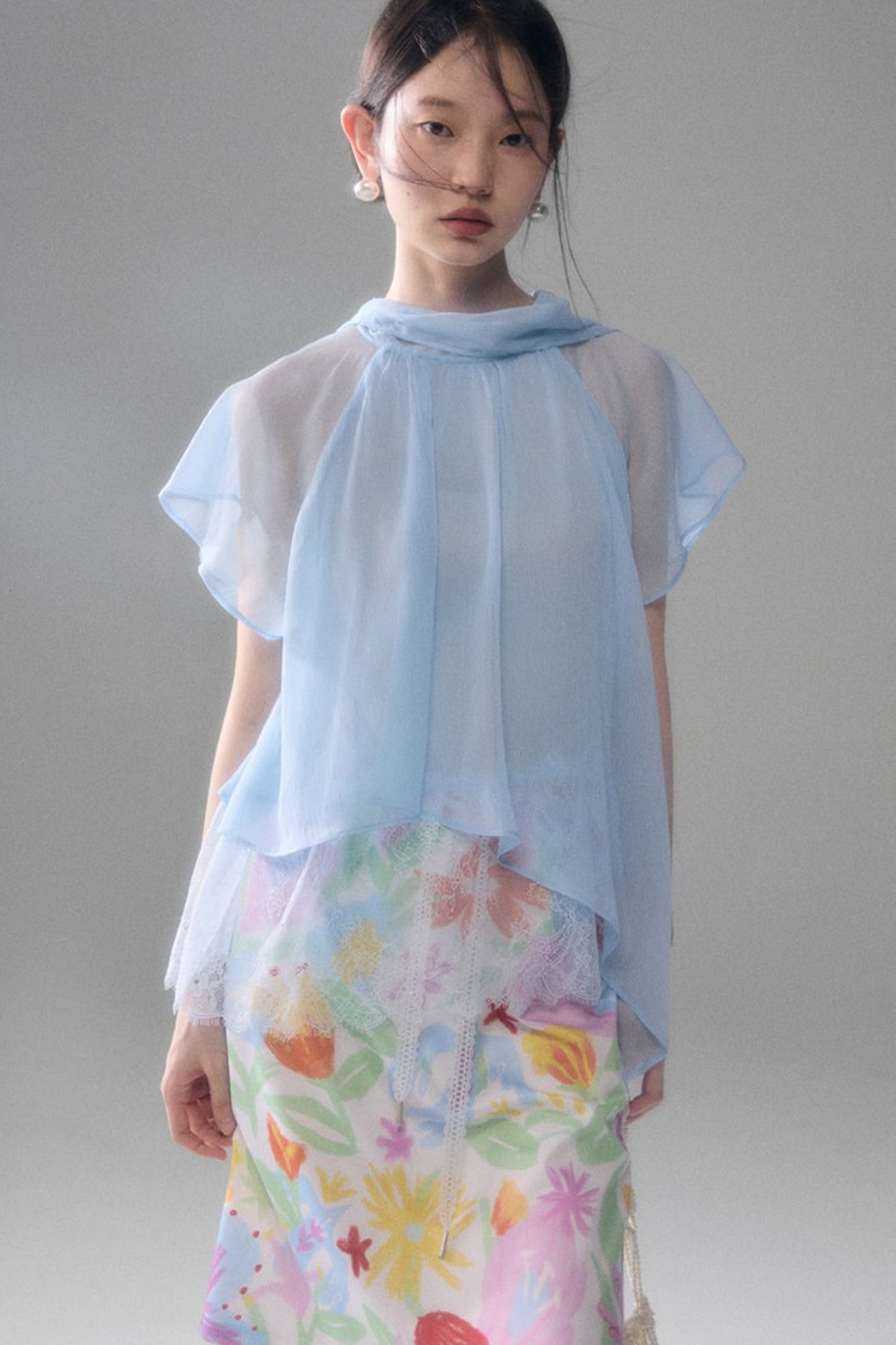 Sheer Blue Lace Ribbon Short Sleeve Top