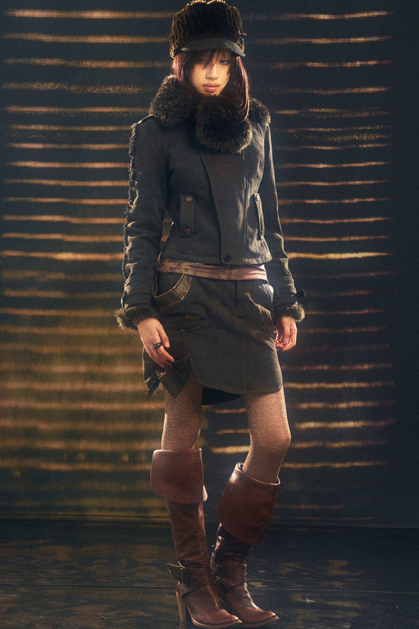Distressed Fur Collar Jacket and Short Skirt Set-Up