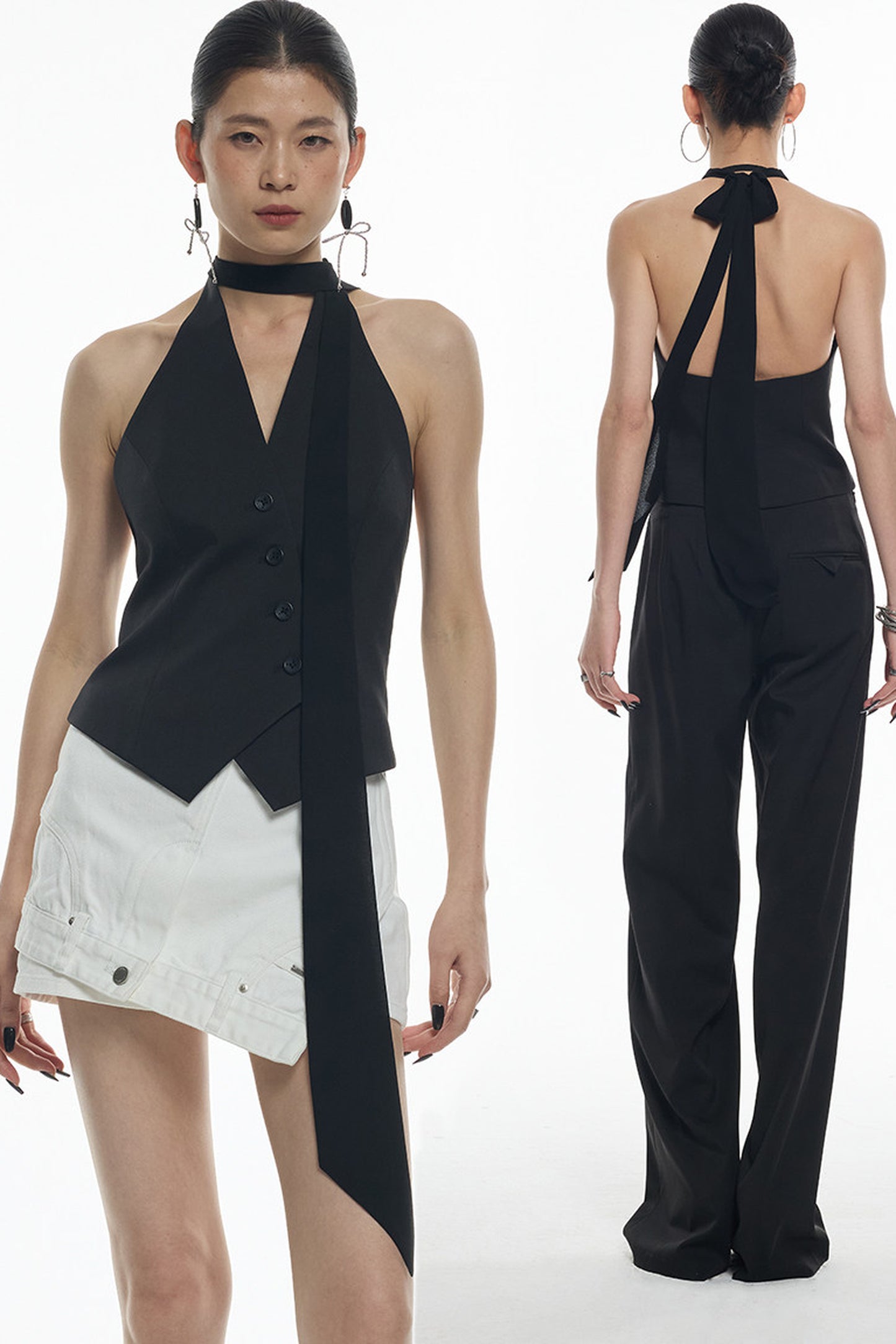 Black Diagonal Placket Sleeveless Vest