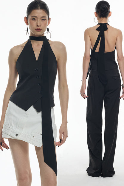 Black Diagonal Placket Sleeveless Vest