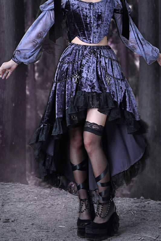 Gothic Velvet High-Low Lace Trim Skirt