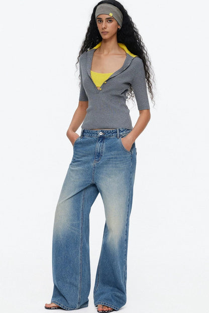 Lyocell Color-Blocked Fake Two-Piece Knit Top